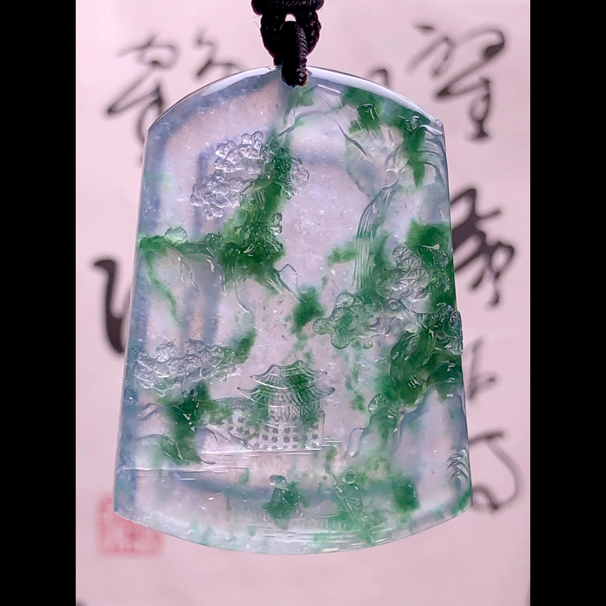 飄花翡翠精品山水牌子，高冰種翡翠山水牌【雅春逸景】，瑞禧作品，50.5-37.5-7mm，28g，中五價(jià)